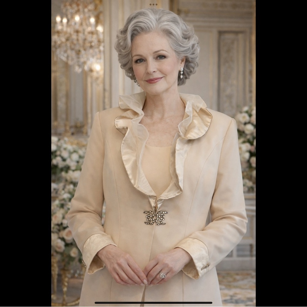 Worth Cream Satin Organza Ruffle Jacket Rhinestone Trim Mother of Bride